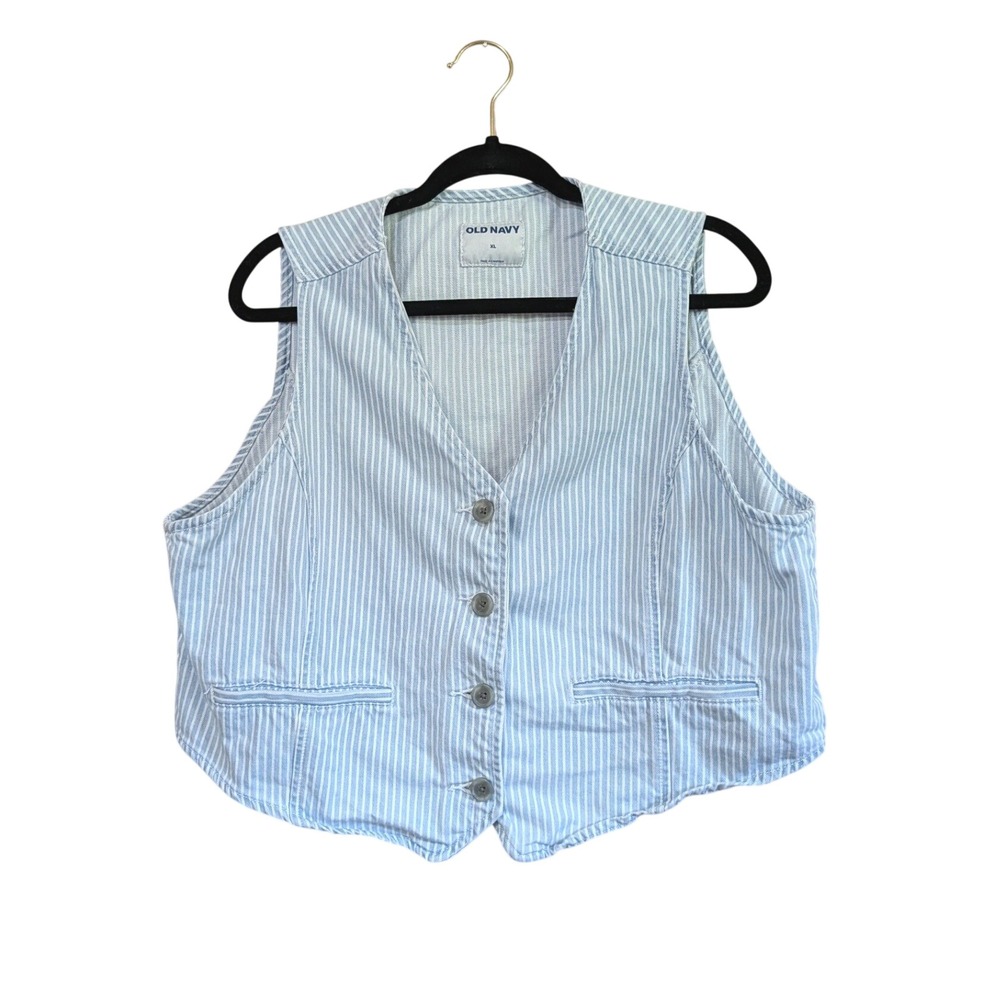 Old Navy Blue White Hickory Railroad Pin Striped Denim Vest Button Front